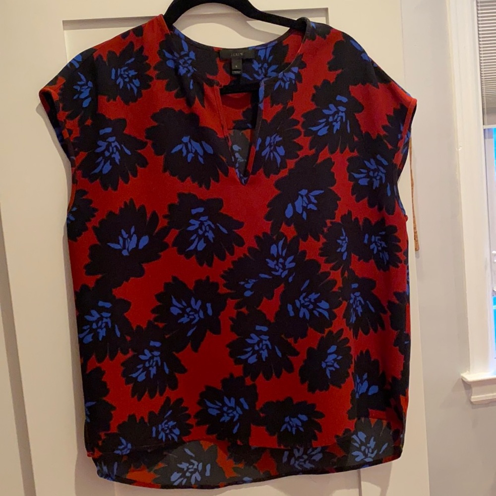 J. Crew Red and Blue Floral Blouse